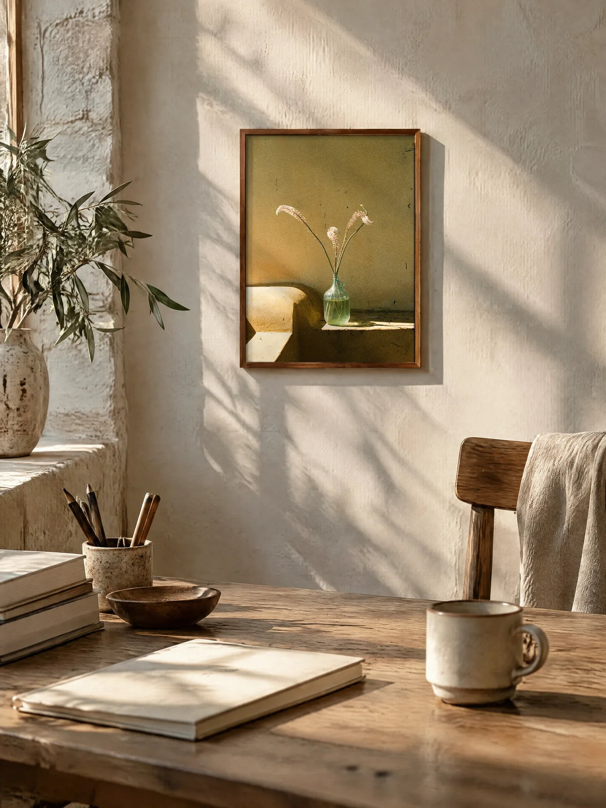 Stems in Glass by Laís Tomaselli, framed full bleed in walnut oak (18 × 24 in), above a wooden desk