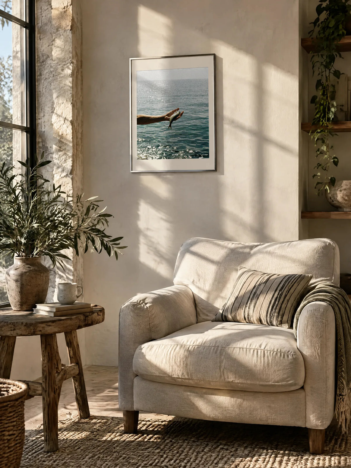 In Hand by Laís Tomaselli, framed in silver metal with a white mat (18 × 24 in), above an armchair in a reading corner