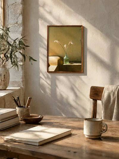 Stems in Glass by Laís Tomaselli, framed full bleed in walnut oak (18 × 24 in), above a wooden desk