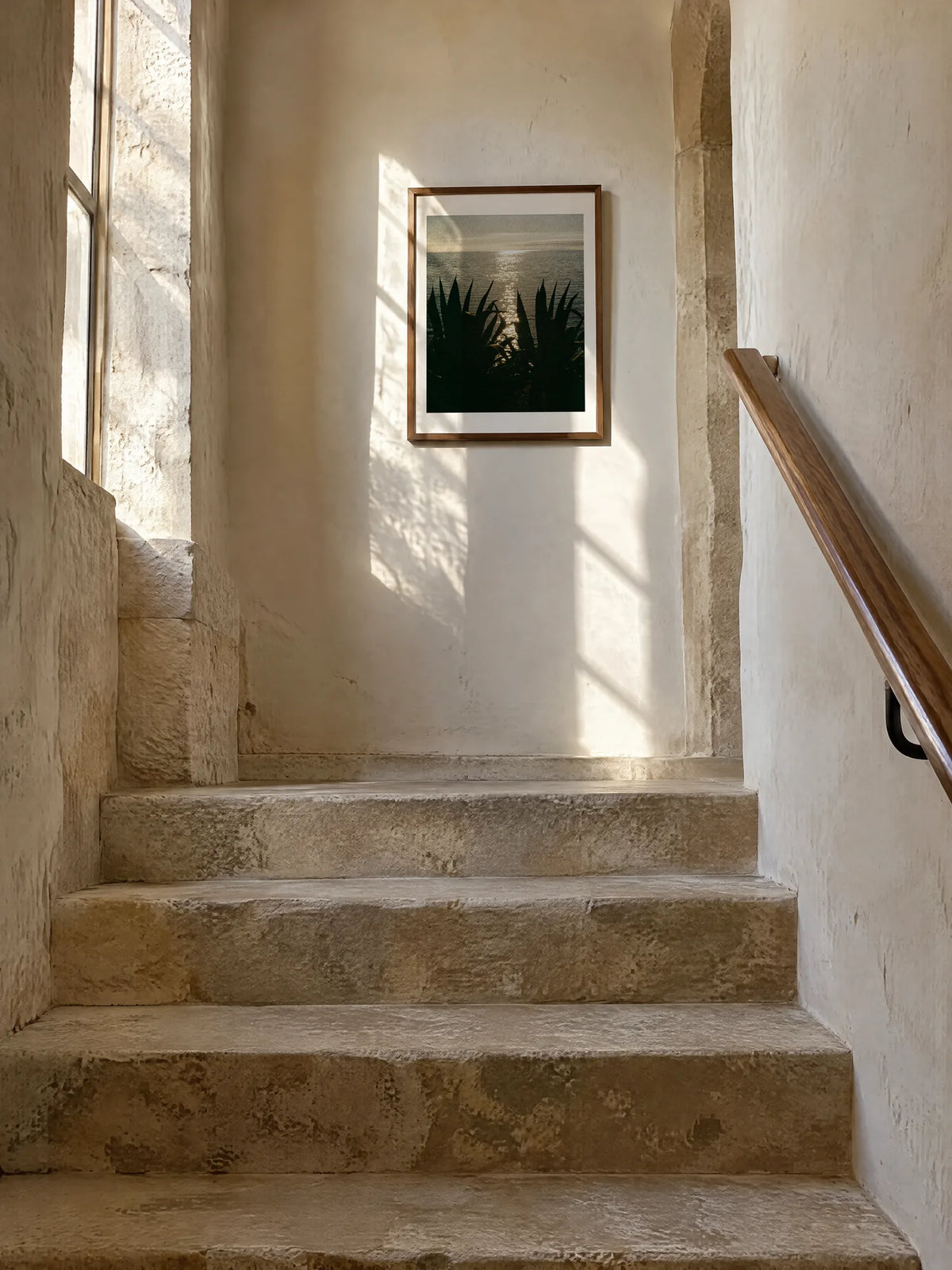 Agave and Sea by Wam Ornelas, framed in walnut oak with a white mat (18 × 24 in), in a stone stairwell
