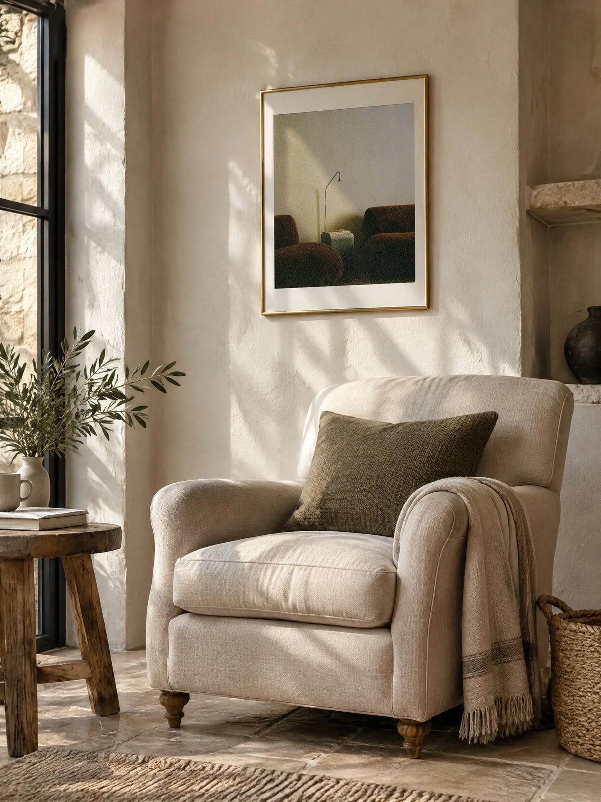 Two Chairs by Wam Ornelas, framed in gold metal with a white mat (18 × 24 in), above an armchair